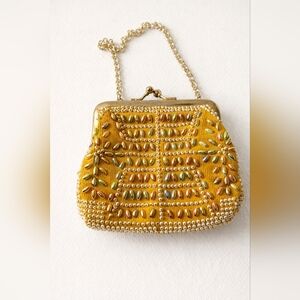 Vintage Beaded Coin Purse | Yellow Pearl Embellished Mini Bag